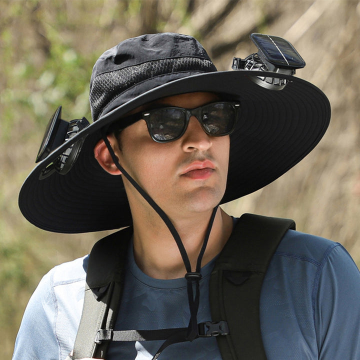 Solar-Powered Double Fan Sun Hat – Wide Brim Outdoor UV Protection Fishing Cap