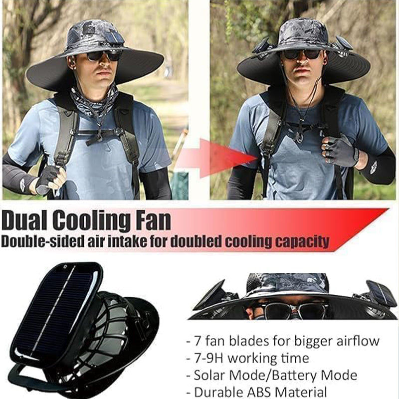 Solar-Powered Double Fan Sun Hat – Wide Brim Outdoor UV Protection Fishing Cap