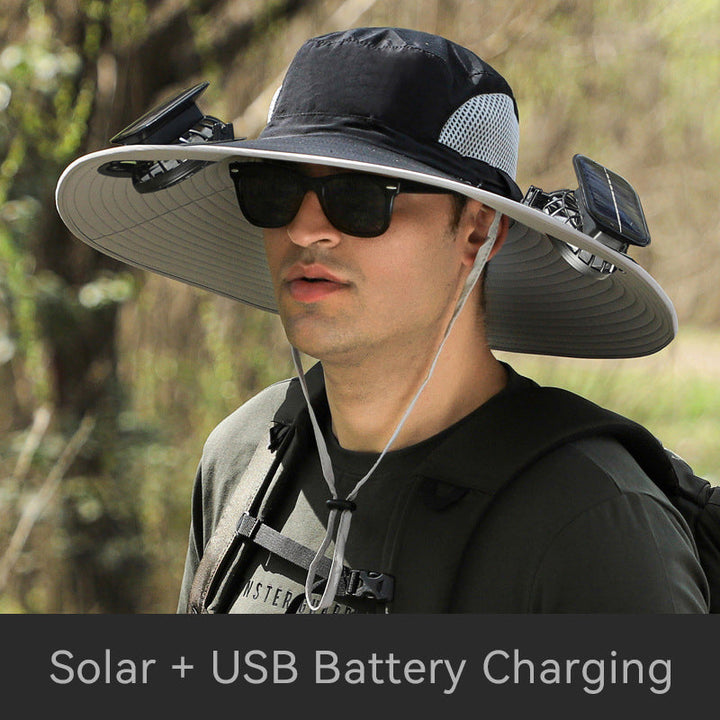 Solar-Powered Double Fan Sun Hat – Wide Brim Outdoor UV Protection Fishing Cap