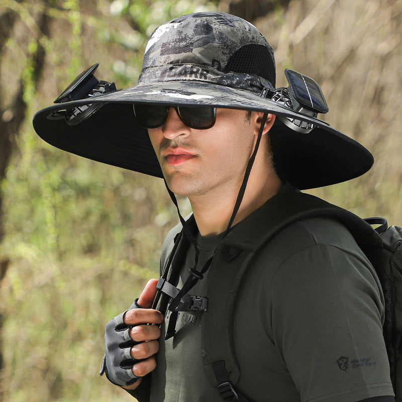 Solar-Powered Double Fan Sun Hat – Wide Brim Outdoor UV Protection Fishing Cap