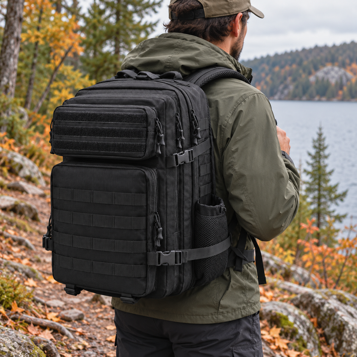 Archon backpack on a Canadian lakeside hiking trail – AI-generated lifestyle illustration