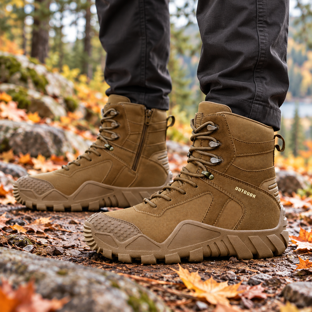 Echo Hawk boots on a Canadian forest trail – AI-generated lifestyle illustration