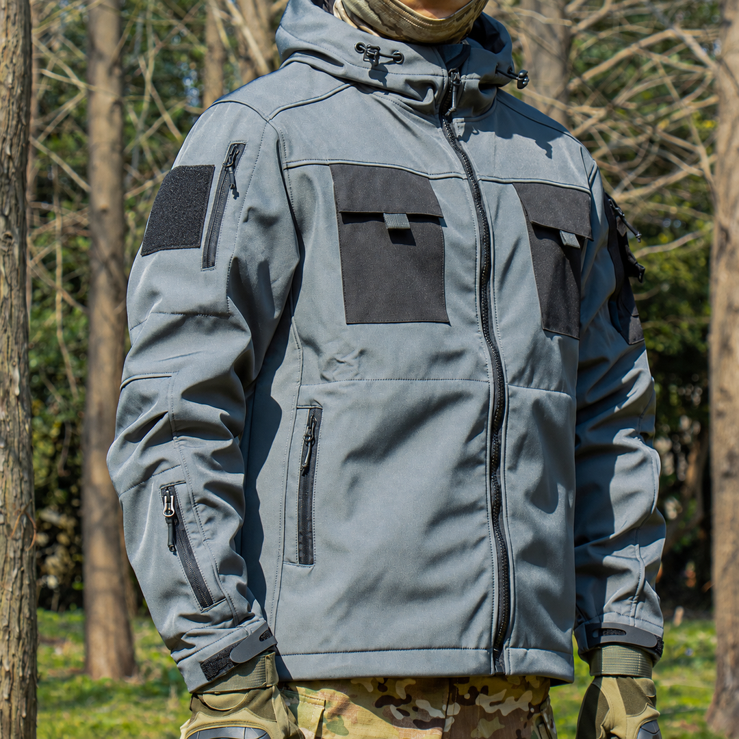 Grey 5-in-1 softshell jacket with blank sleeve panel