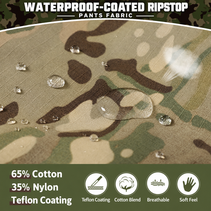G3 pants fabric: 65% cotton, 35% nylon, waterproof-coated ripstop
