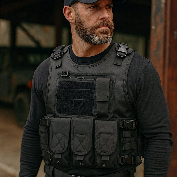 Modern Elite black MOLLE vest with blank hook-and-loop panel