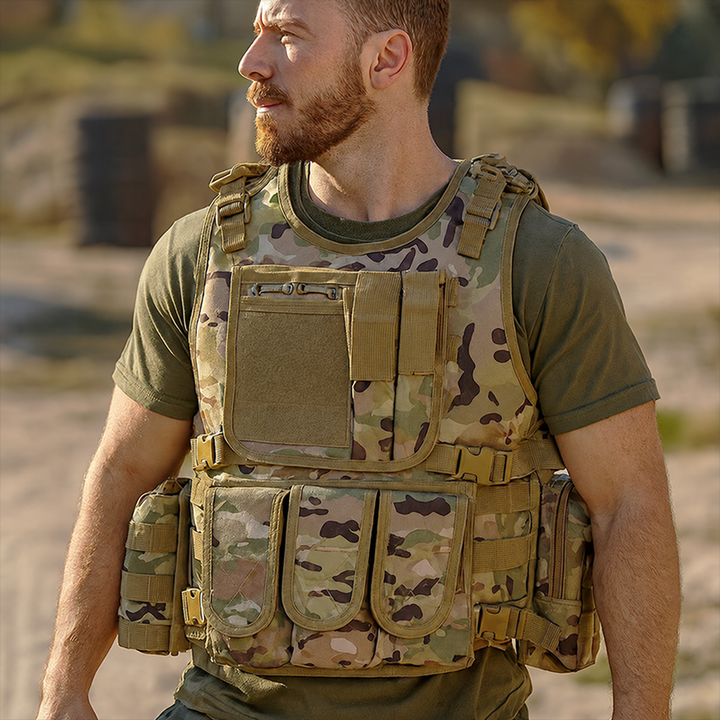Modern Elite camouflage MOLLE vest with blank hook-and-loop panel