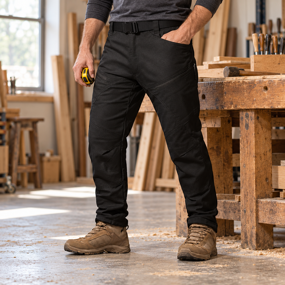 Urban Pro black tactical cargo pants worn at a woodworking bench — lifestyle illustration