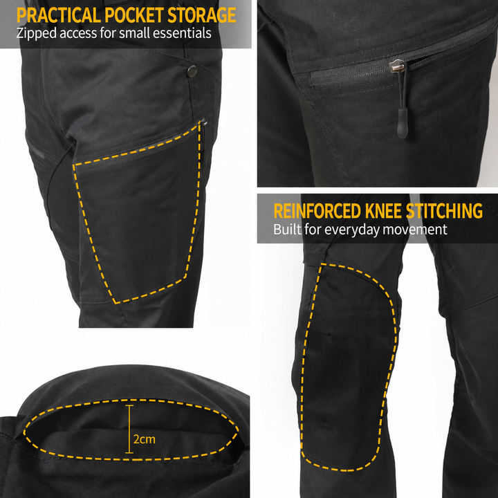 Urban Pro zipped pocket storage and reinforced knee stitching