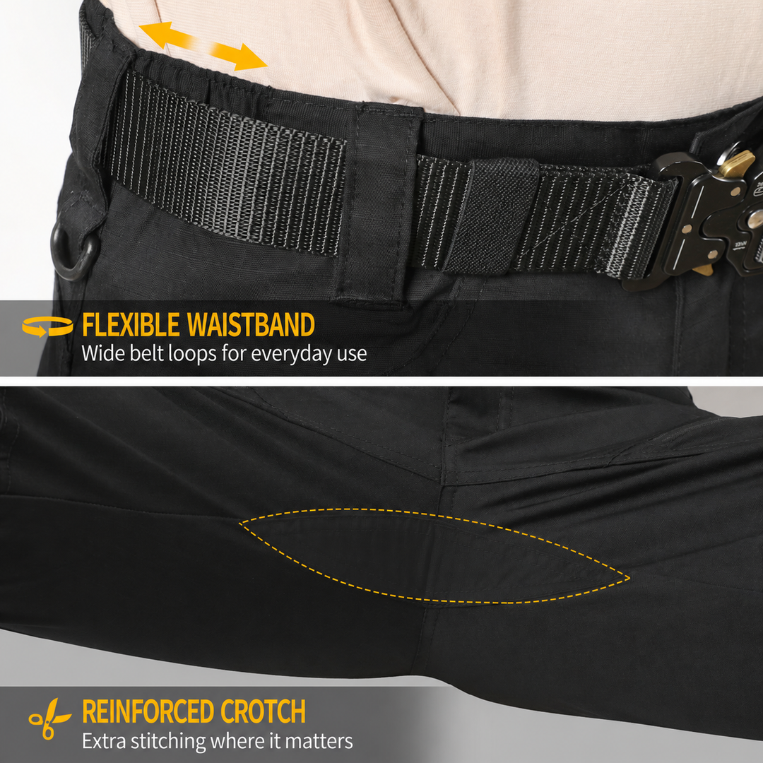 Urban Pro flexible waistband, wide belt loops and reinforced crotch stitching