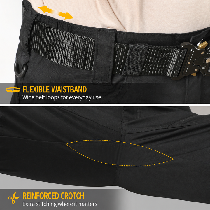 Urban Pro flexible waistband, wide belt loops and reinforced crotch stitching