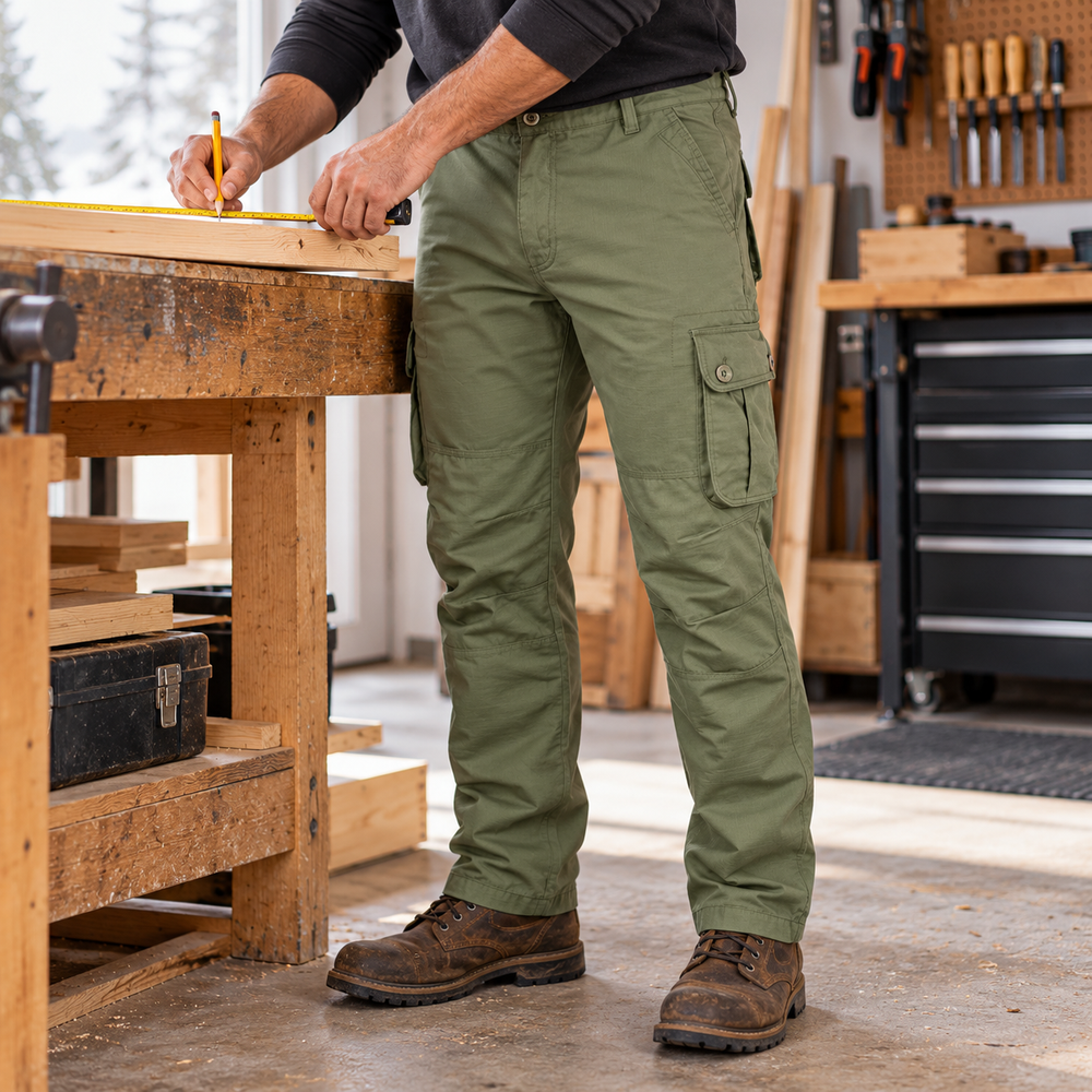 Olive cargo pants in a woodworking workshop – AI-generated lifestyle illustration