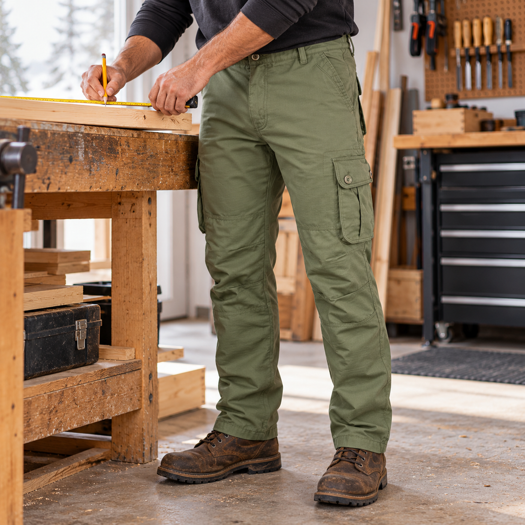 Olive cargo pants in a woodworking workshop – AI-generated lifestyle illustration