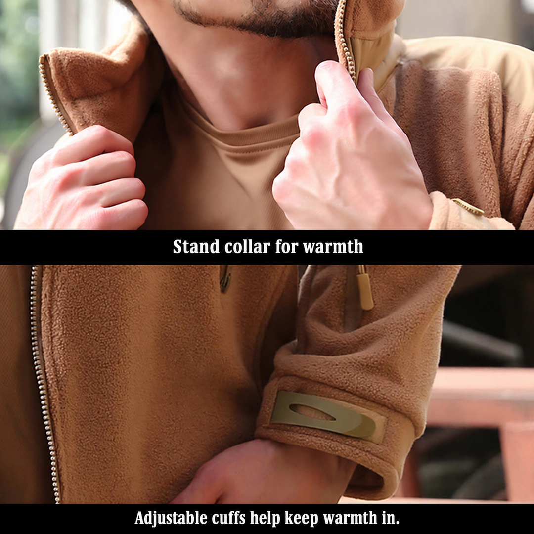 Fleece jacket stand collar and adjustable cuffs
