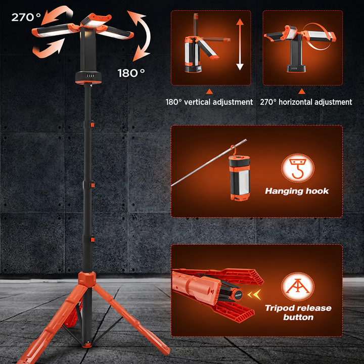Adjustable camping light with hanging hook and tripod release