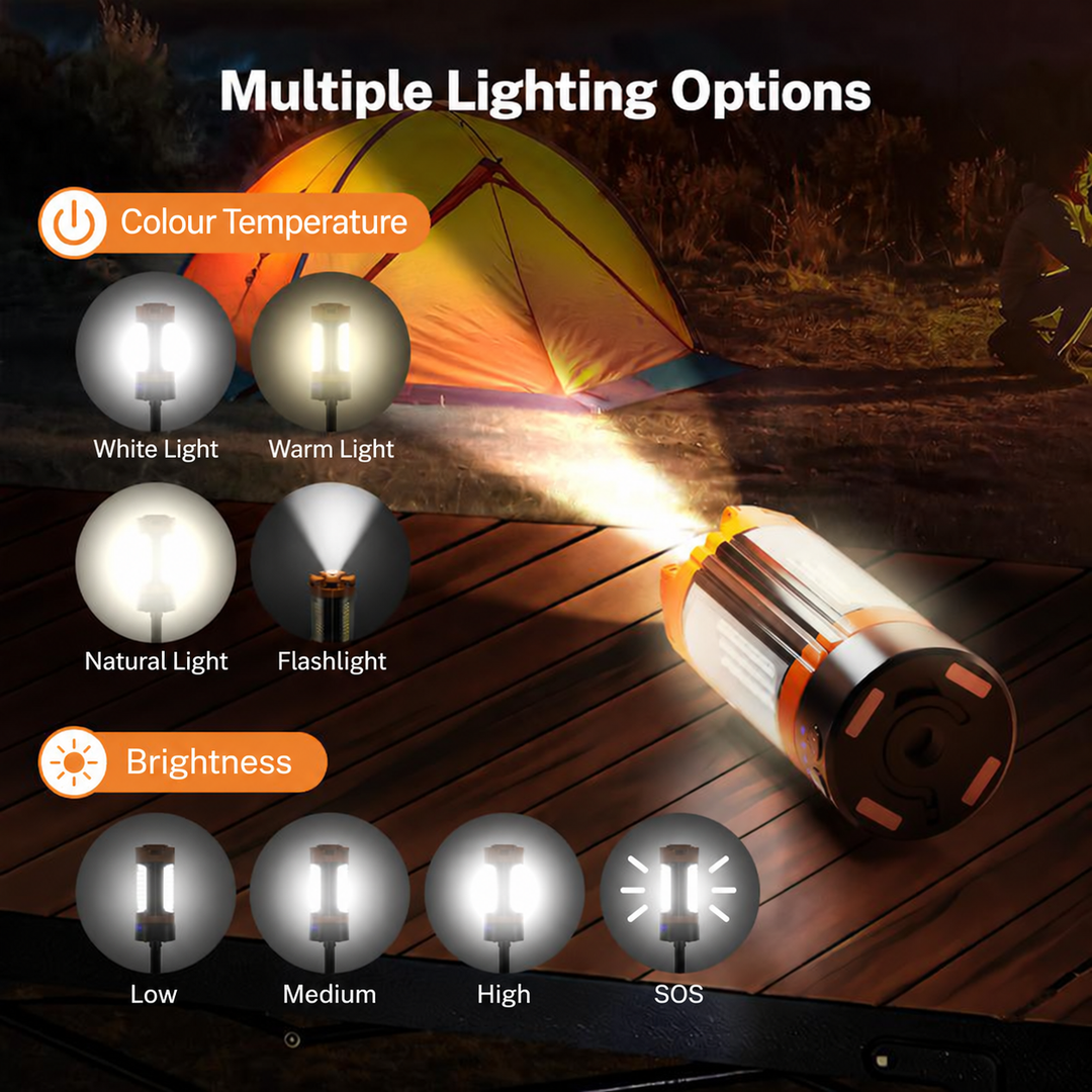 Camping light colour temperatures and brightness modes