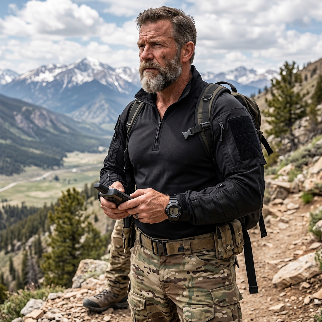 Black combat shirt sleeve pocket and plain patch panel on a mountain trail