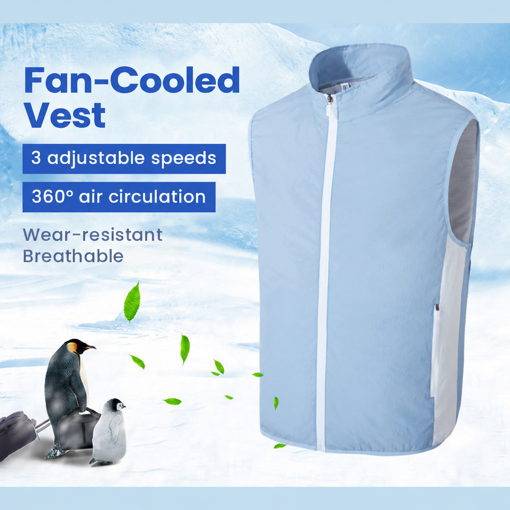 Fan-cooled vest with three adjustable speeds and circulating airflow.