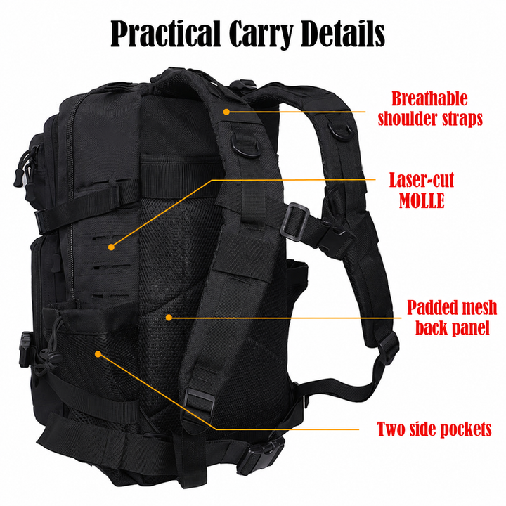 Elite Pro backpack breathable shoulder straps, MOLLE, mesh back and side pockets.