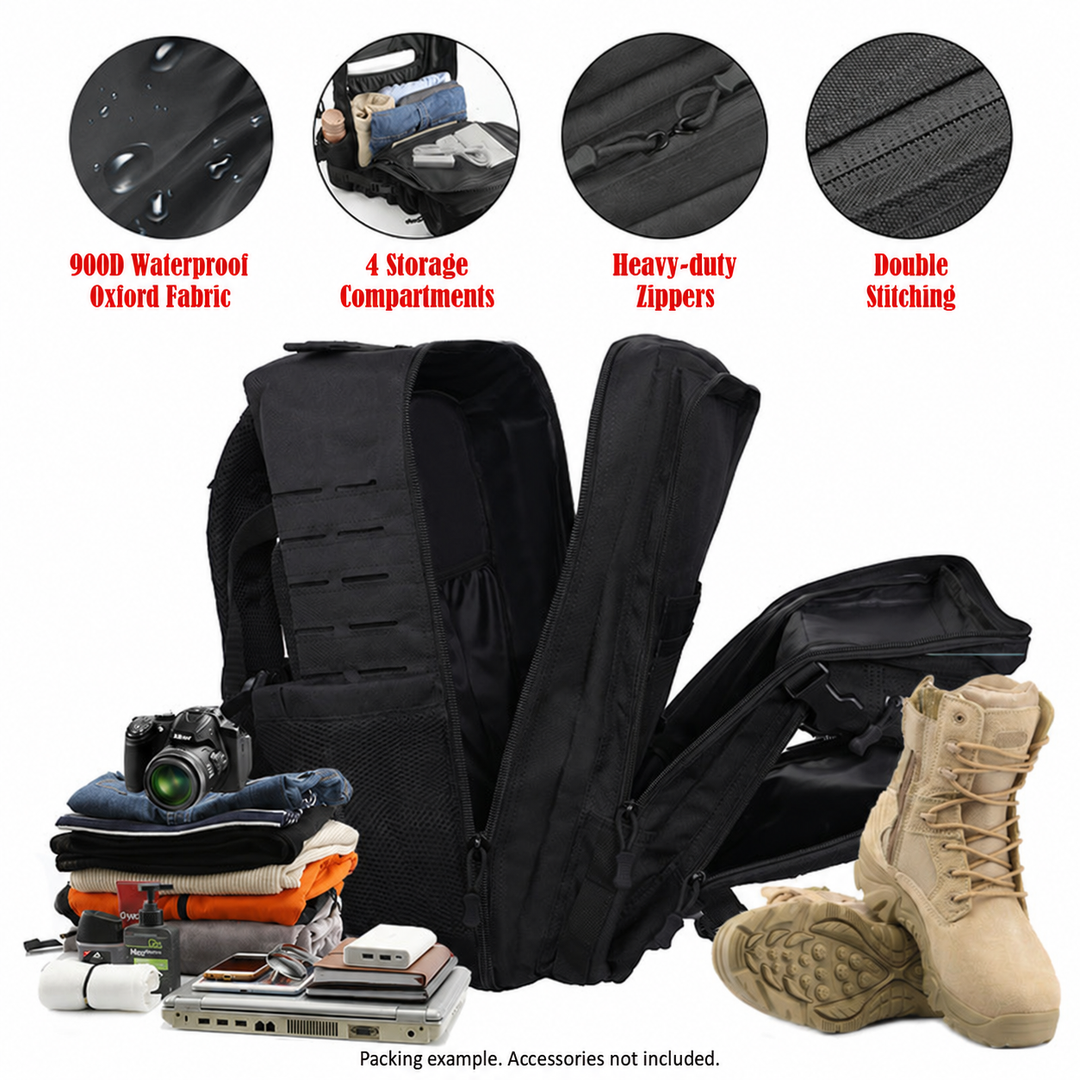 Elite Pro backpack storage compartments, zippers and stitching.
