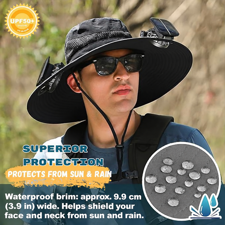 Wide-brim fan sun hat with waterproof fabric and sun protection