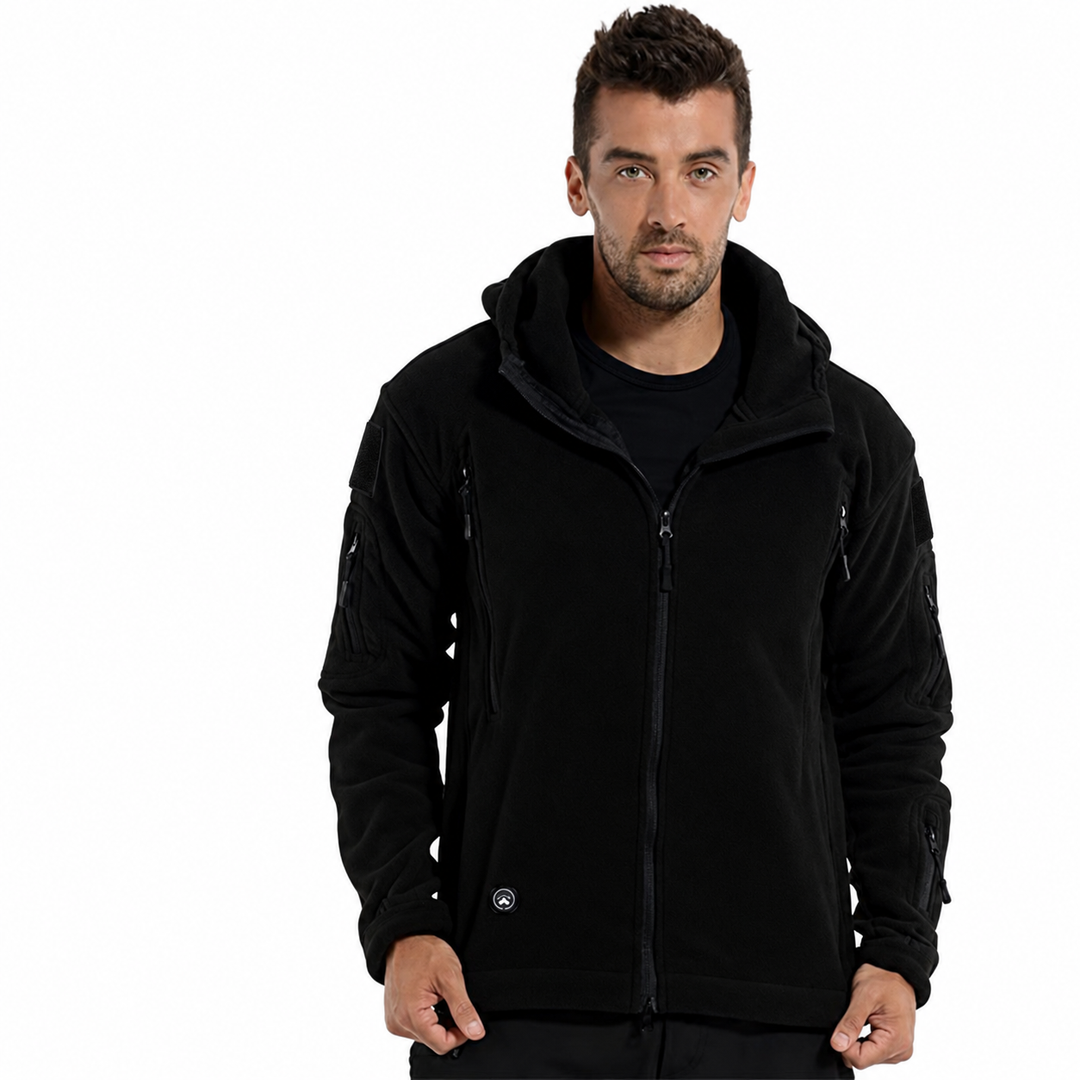 Tactical hooded jacket details without US flag promotion.