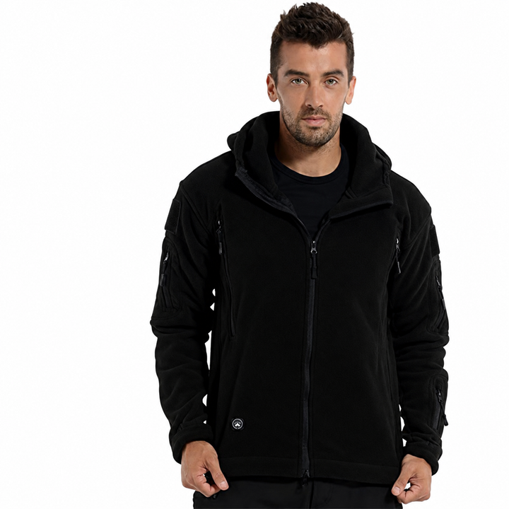 Tactical hooded jacket details without US flag promotion.