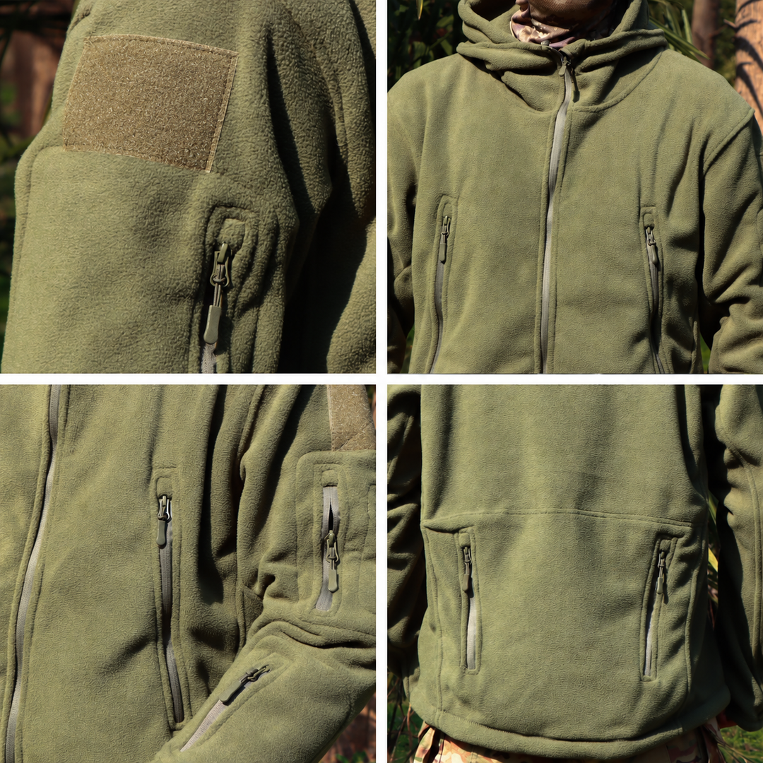 Olive fleece jacket details with plain sleeve patch panel.