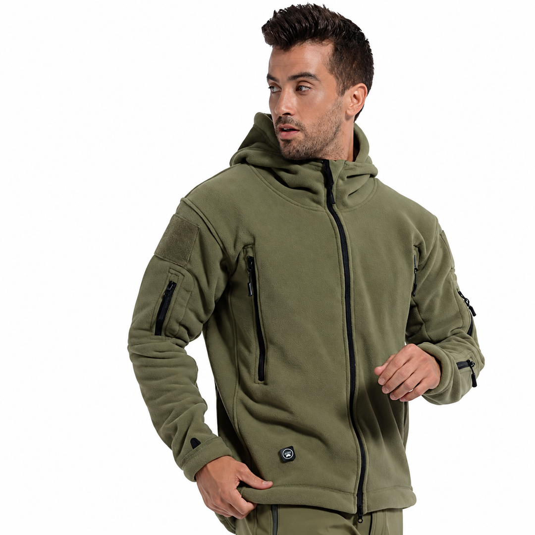 Tactical hooded jacket details without US flag promotion.