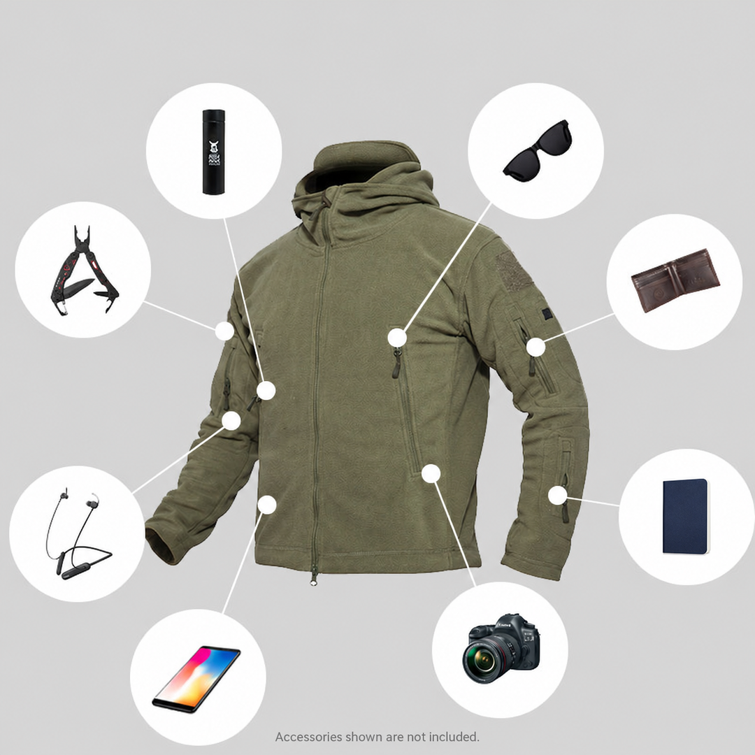 Fleece jacket pocket storage illustration. Accessories shown are not included.