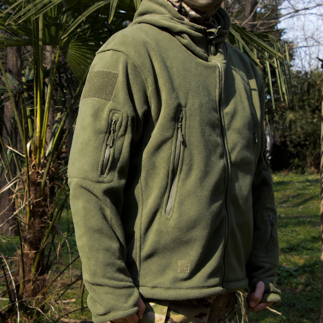 Olive fleece jacket details with plain sleeve patch panel.