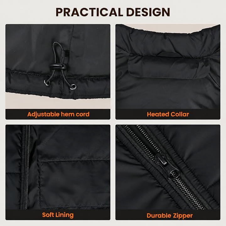 Heated vest adjustable hem cord and construction details