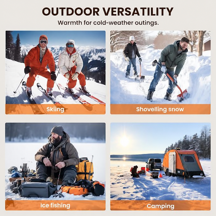 Heated vest use for skiing, shovelling snow, ice fishing and camping