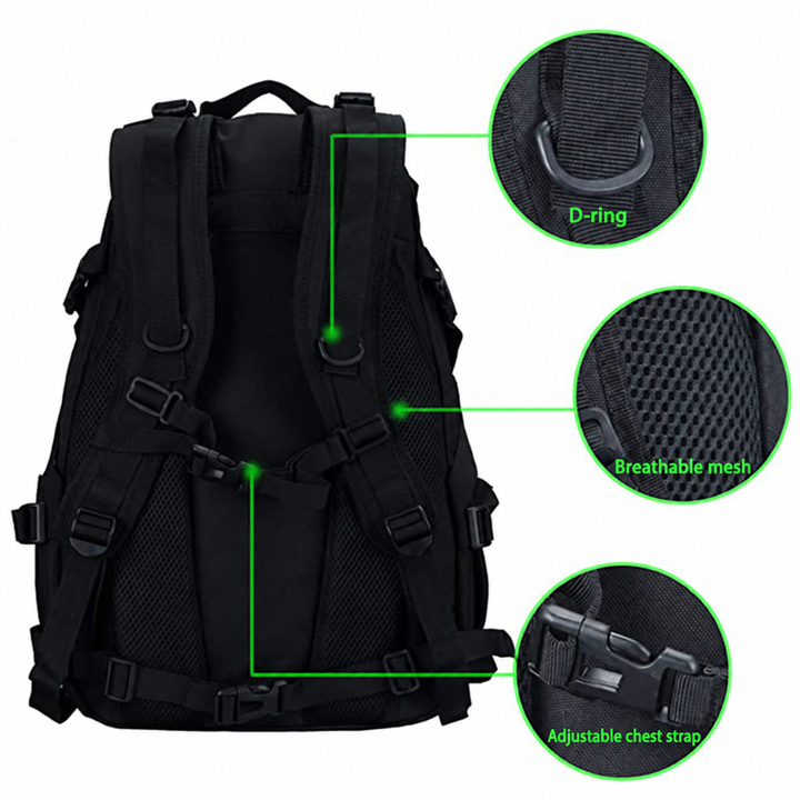 Backpack D-ring, breathable mesh and adjustable chest strap.
