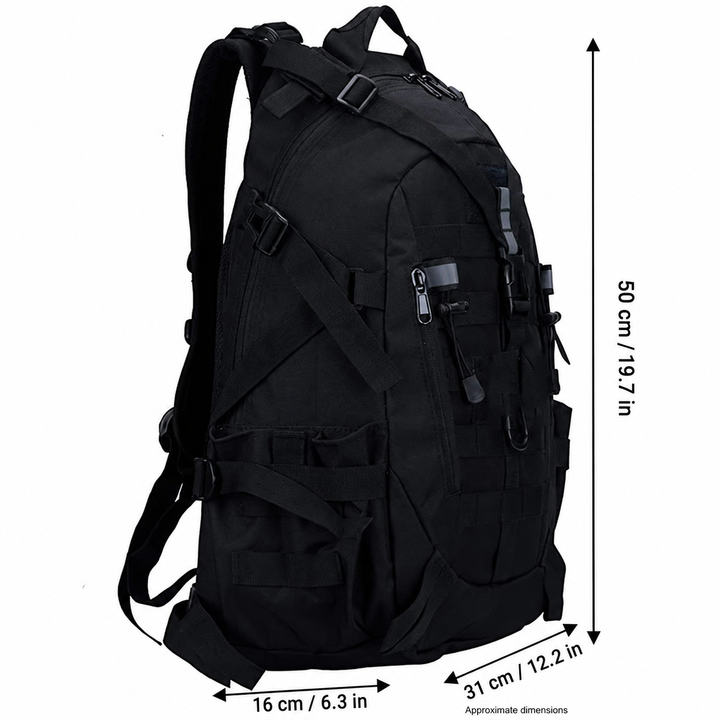 Black hiking backpack dimensions: approximately 50 × 31 × 16 cm, with inch equivalents.