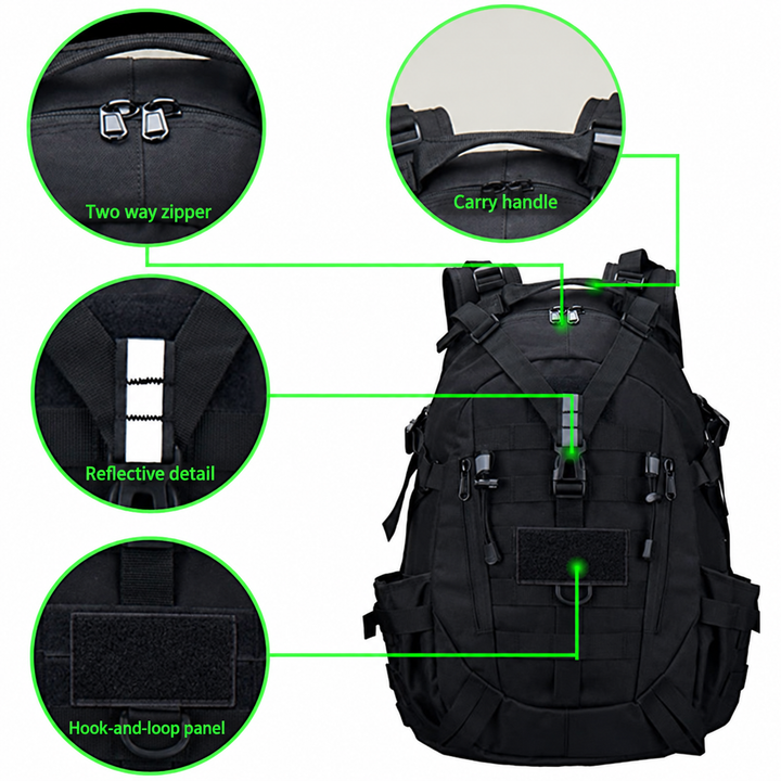 Hiking backpack front details: two-way zipper, carry handle, reflective detail and plain hook-and-loop panel.