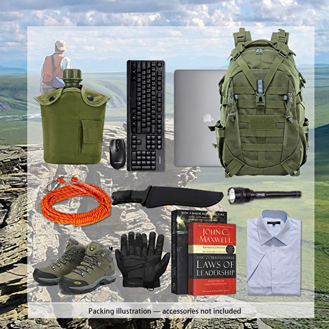 Green hiking backpack packing illustration; shown accessories are not included.