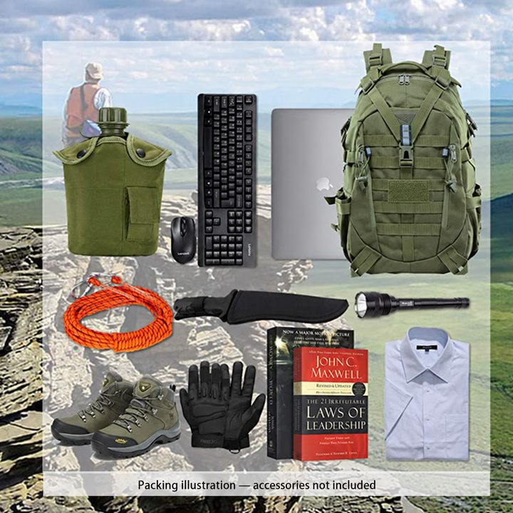 Green hiking backpack packing illustration; shown accessories are not included.