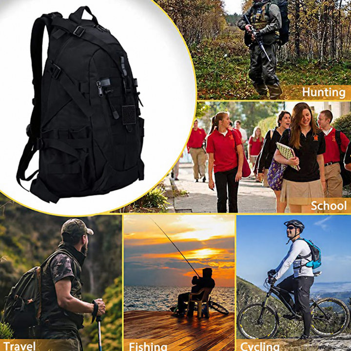Black hiking backpack shown for hunting, school, travel, fishing and cycling; plain front patch panel.