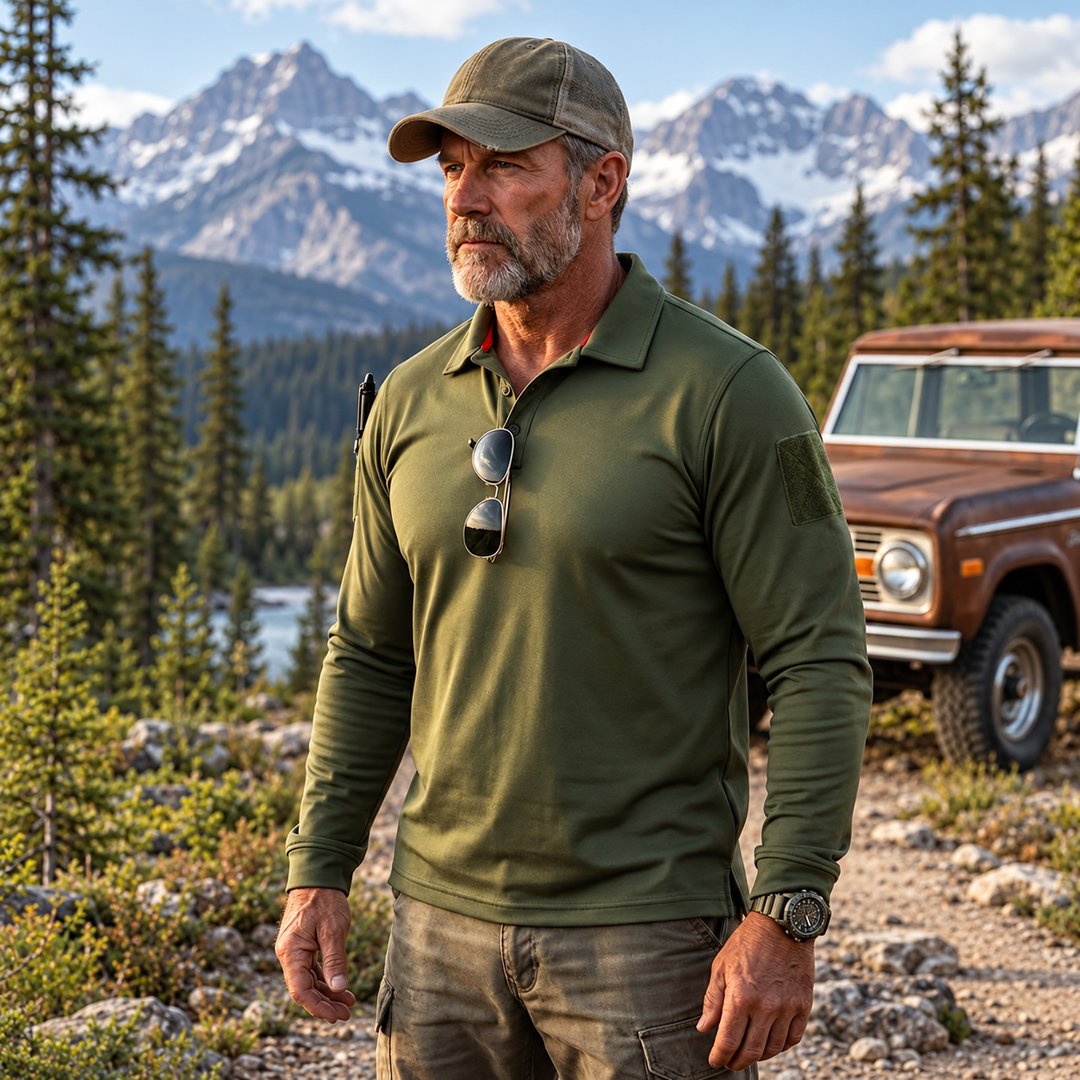 Olive long-sleeve polo worn outdoors on a Canadian forest trail
