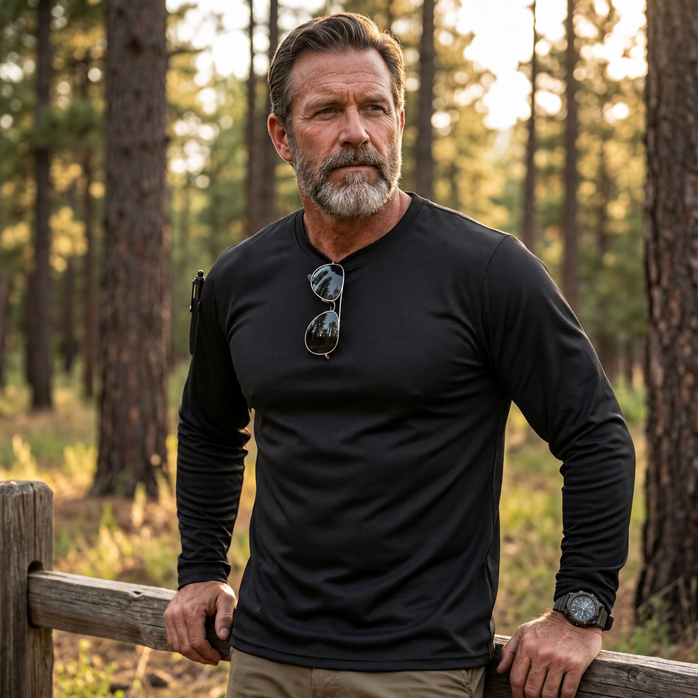 Black long-sleeve outdoor shirt with plain sleeve shown on a forest walk