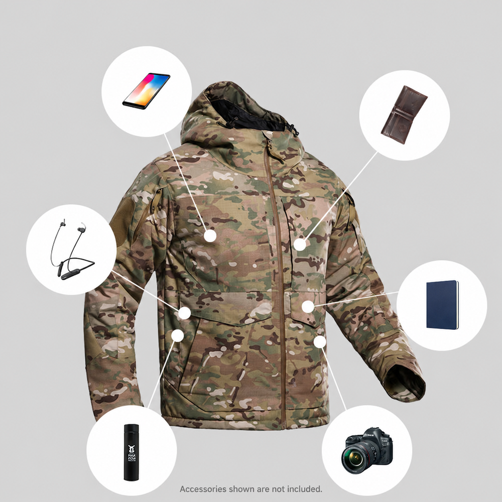M65 field jacket pocket storage illustration. Accessories shown are not included.