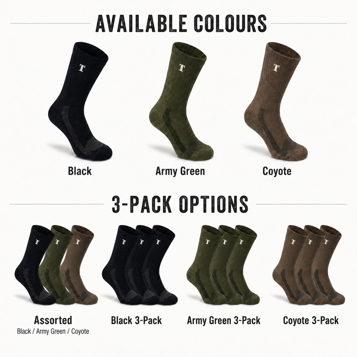 Black, army green and coyote sock colours and three-pair options