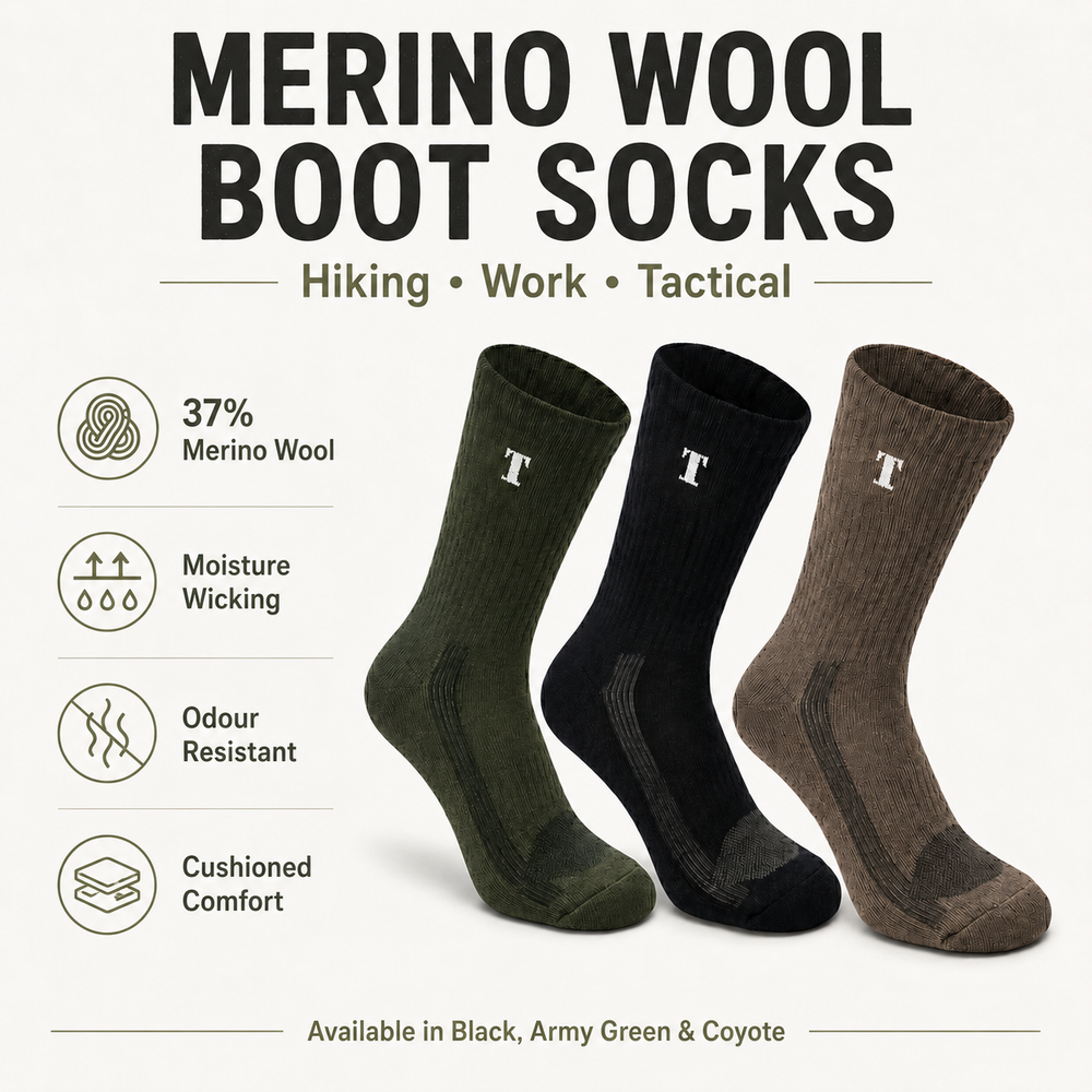 Merino-blend hiking and work socks with moisture-wicking and cushioning details
