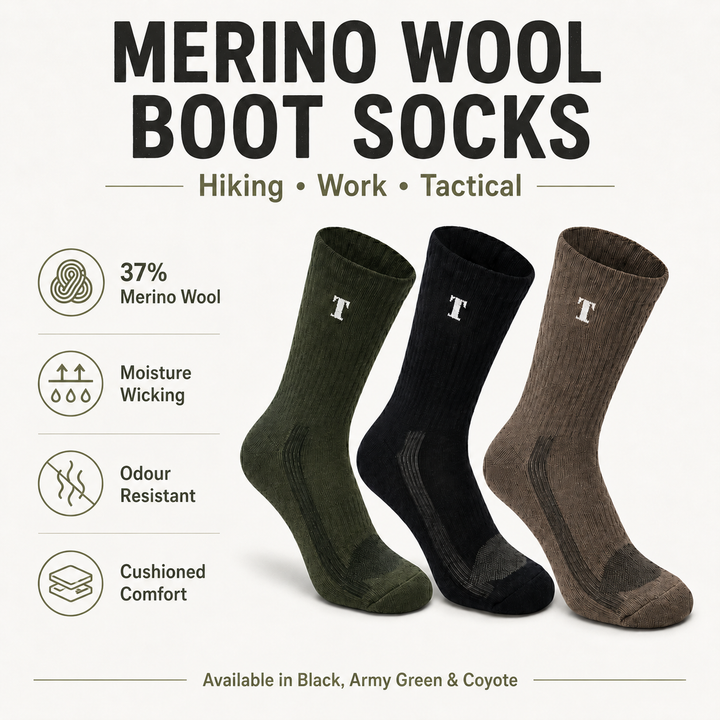 Merino-blend hiking and work socks with moisture-wicking and cushioning details