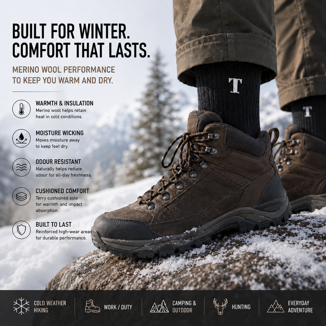 Merino-blend socks for cold-weather hiking and outdoor work