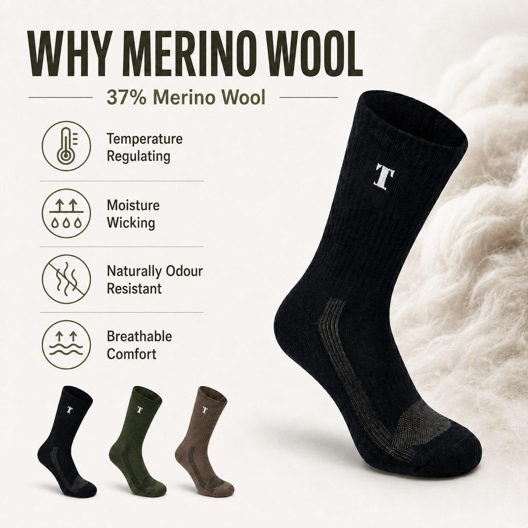 Merino-blend sock fabric and comfort features