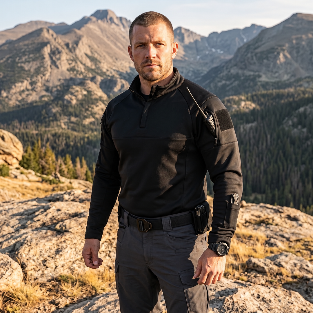 Black quarter-zip fleece midlayer on a mountain trail