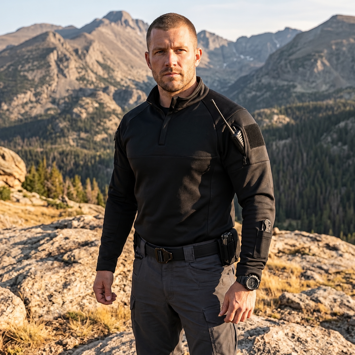 Black quarter-zip fleece midlayer on a mountain trail