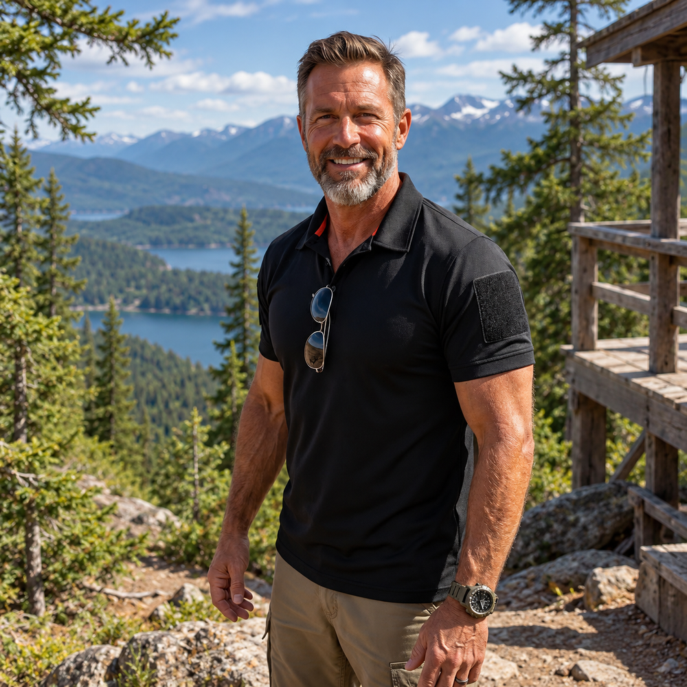 Black tactical polo with plain sleeve panel, shown on a forest trail.