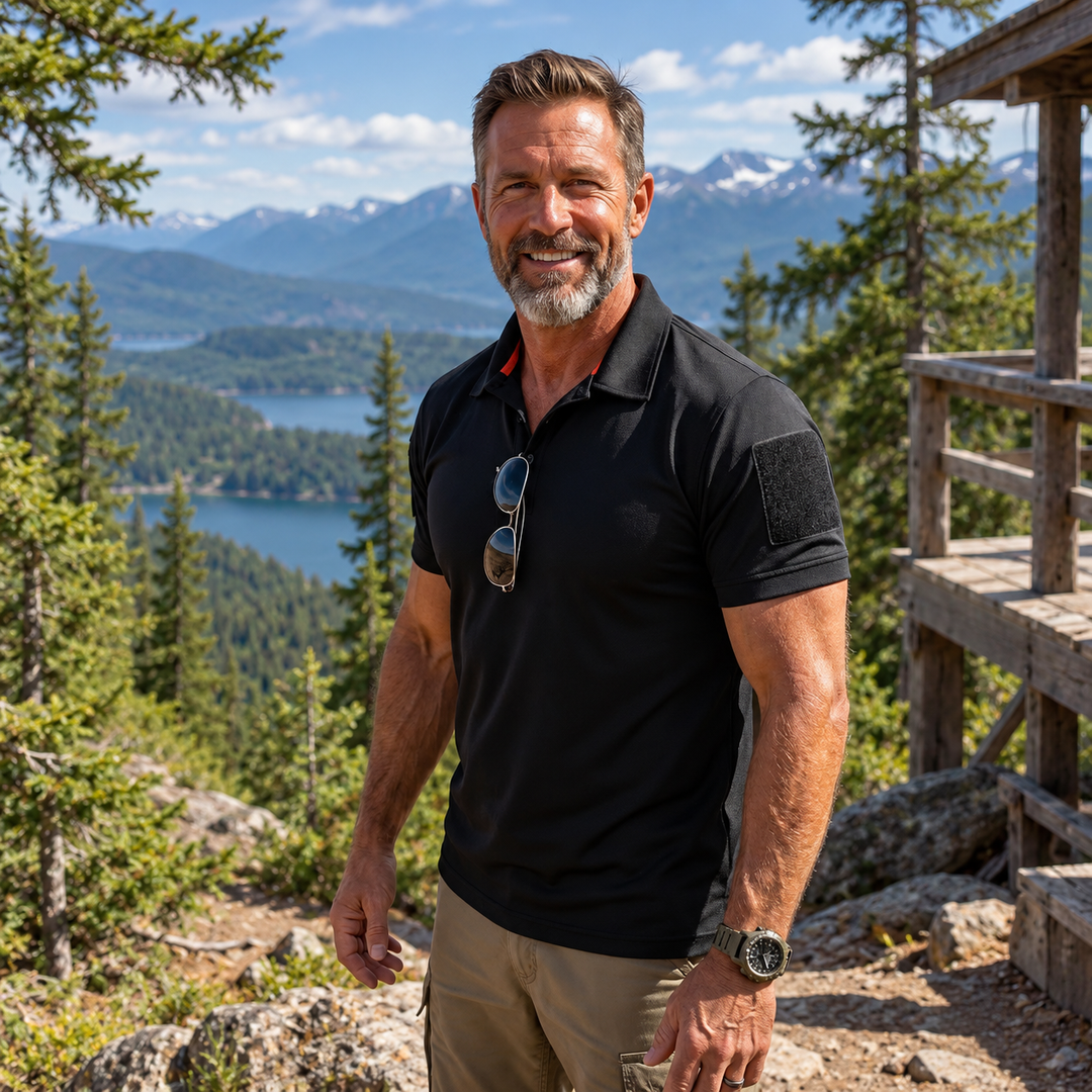 Black tactical polo with plain sleeve panel, shown on a forest trail.